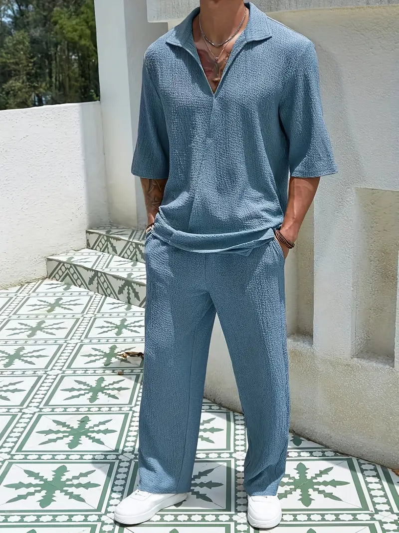 Solorfit | Men's Casual Two-Piece Suit – Drop Shoulder Collar Short Sleeve Top & Long Pants, Solid Color