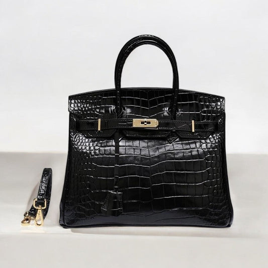 Isla | Luxury Emerald Black Crocodile Embossed Tote Bag – Aurora Signature Handbag