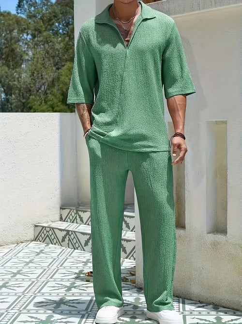 Solorfit | Men's Casual Two-Piece Suit – Drop Shoulder Collar Short Sleeve Top & Long Pants, Solid Color