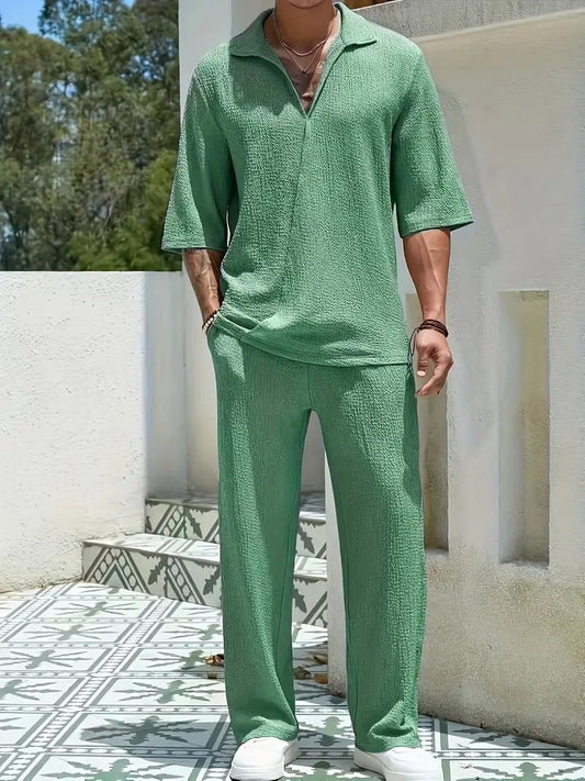 Solorfit | Men's Casual Two-Piece Suit – Drop Shoulder Collar Short Sleeve Top & Long Pants, Solid Color