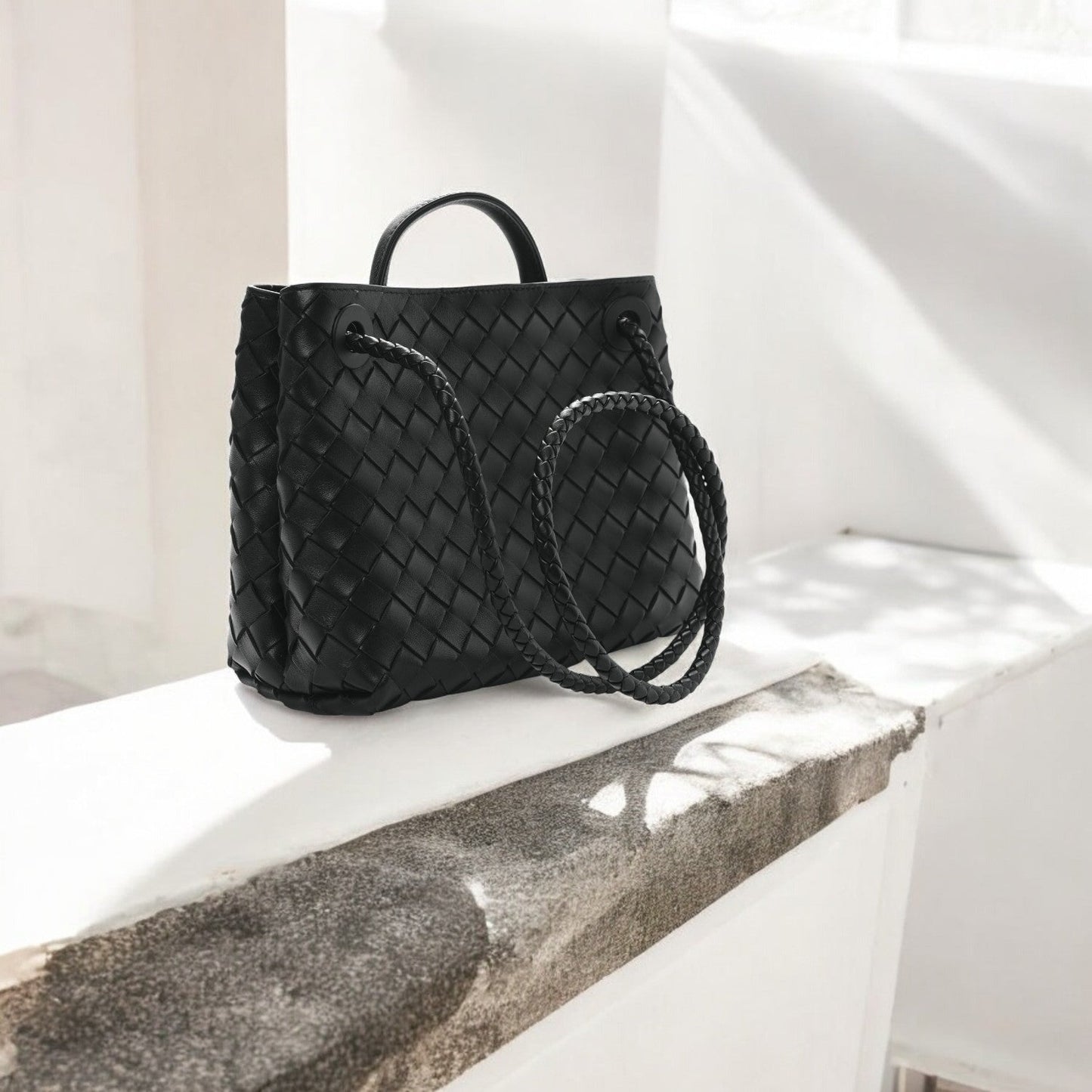 Alyn | Black Woven Midi Leather Tote Bag – Effortless Elegance & Timeless Appeal
