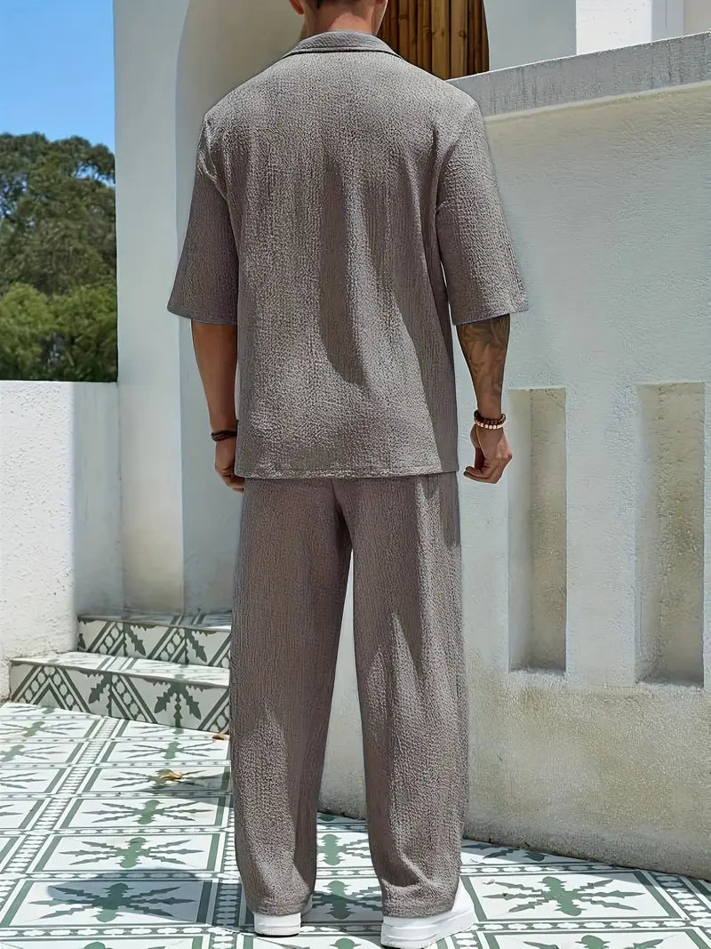 Solorfit | Men's Casual Two-Piece Suit – Drop Shoulder Collar Short Sleeve Top & Long Pants, Solid Color