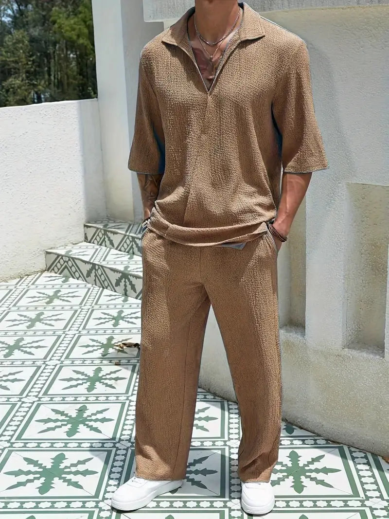 Solorfit | Men's Casual Two-Piece Suit – Drop Shoulder Collar Short Sleeve Top & Long Pants, Solid Color