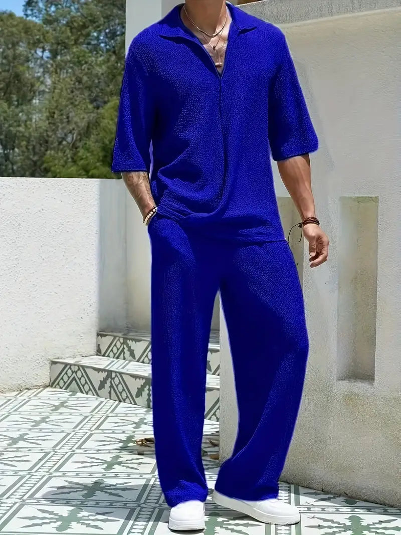 Solorfit | Men's Casual Two-Piece Suit – Drop Shoulder Collar Short Sleeve Top & Long Pants, Solid Color